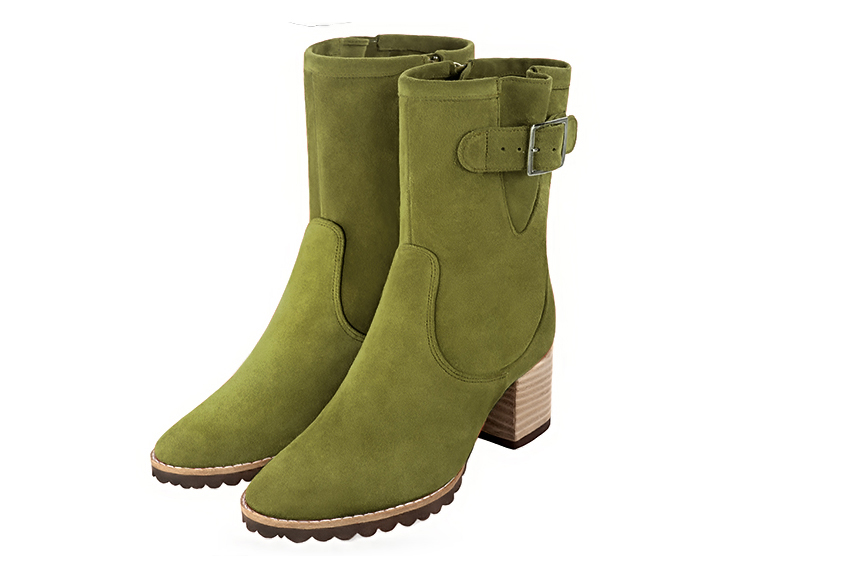 Pistachio green women's ankle boots with buckles on the sides. Round toe. Medium block heels. Front view - Florence KOOIJMAN
